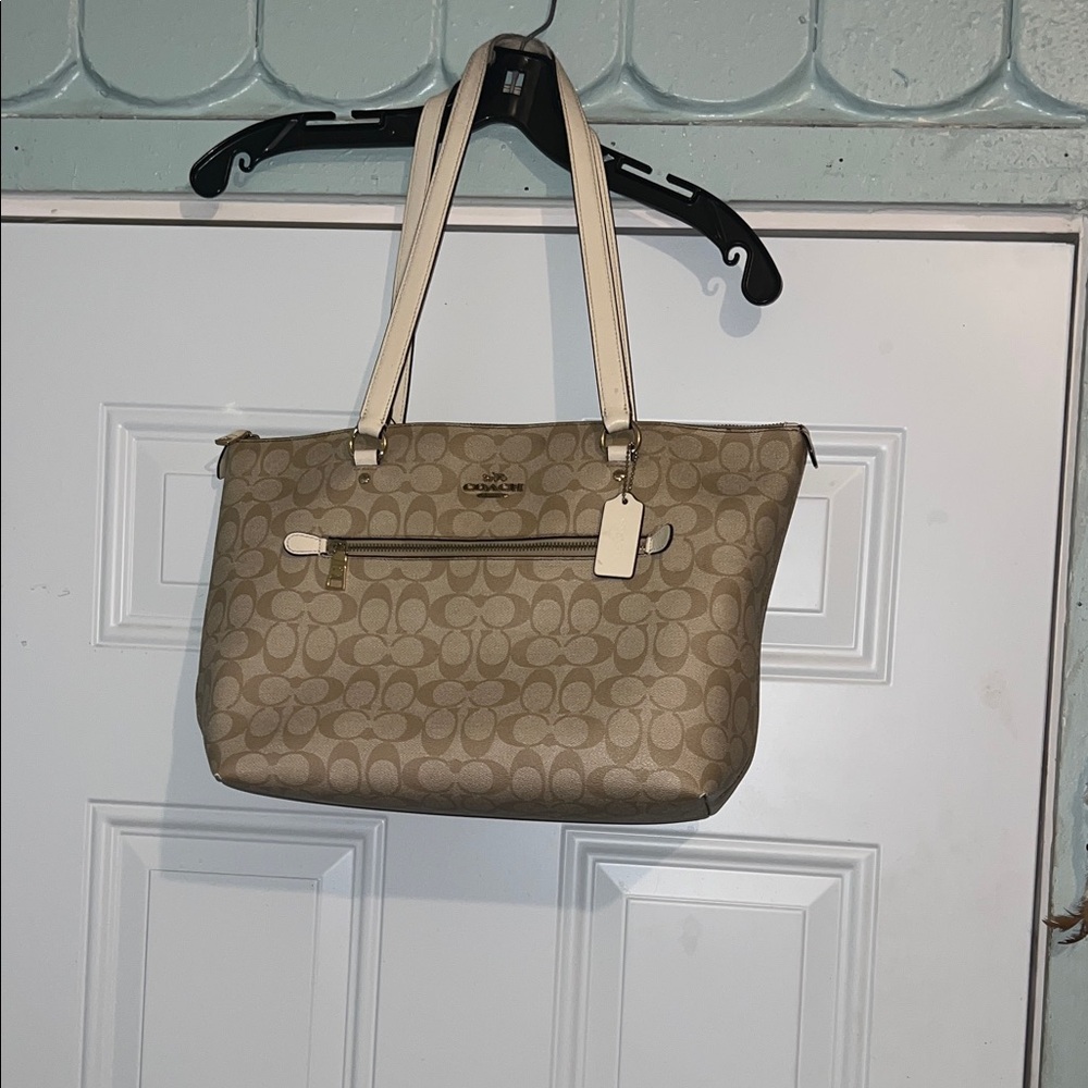 Coach Khaki Signature Canvas Tote with Cream Leather Straps